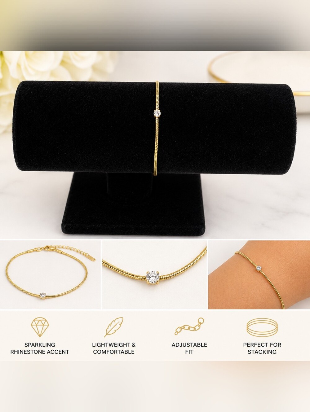 Dainty Gold Tone Bracelet with Sparkling Solitaire Rhinestone Accent
